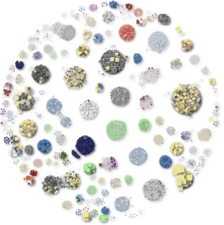 Network of phage genome clusters; circles are complete phage genomes and squares are BAPS genomes, coloured by host.