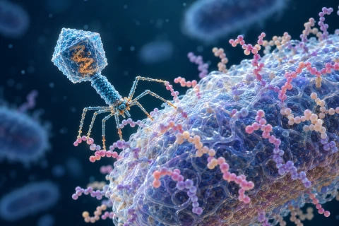 Conceptual illustration of a bacteriophage interacting with the polysaccharide capsule of a Klebsiella bacterium.